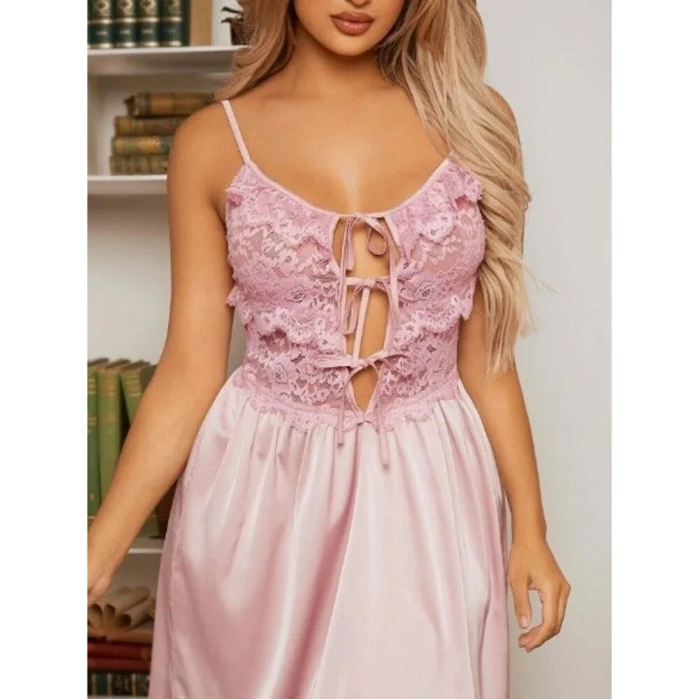 Size 8/10 (Large) Satin Lace Panel Ruffle Trim Knot Front Babydoll Slip